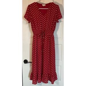 Orange Creek Red Polka Dot Short Sleeve Ruched Tie Waist Lined Ruffle Dress S